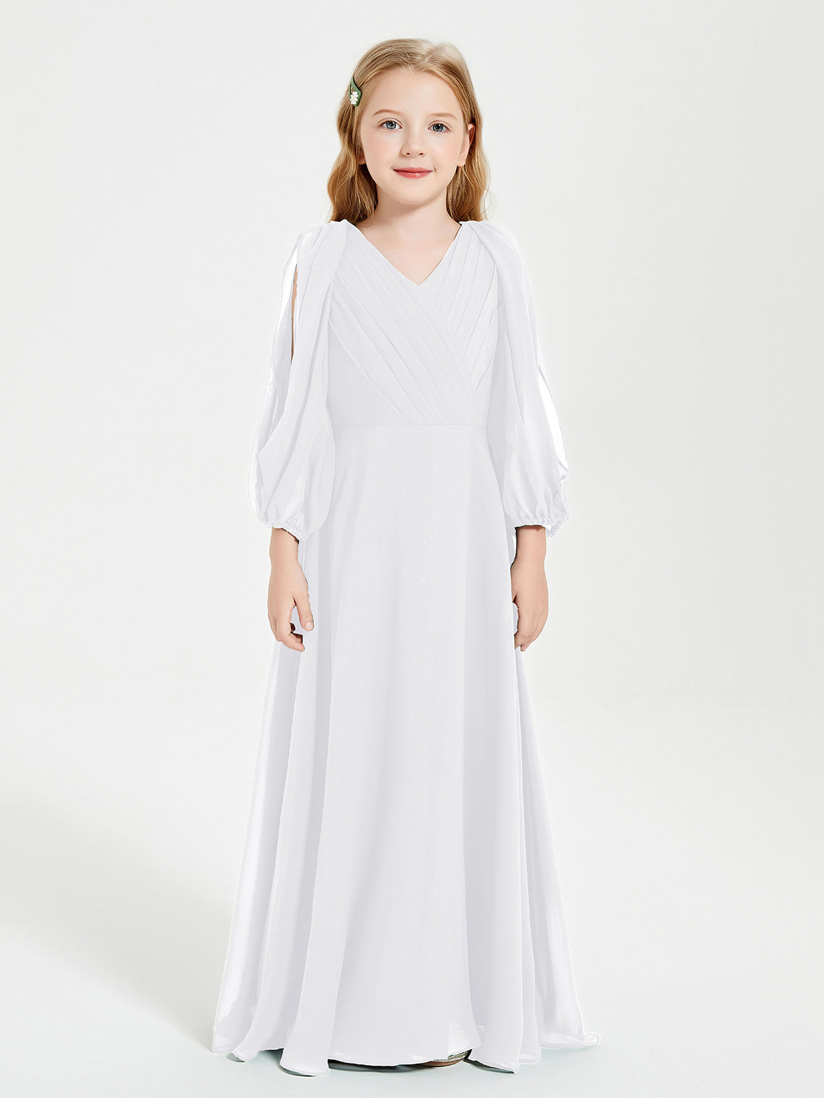 Modest Long Sleeved Junior Bridesmaid Gowns White
